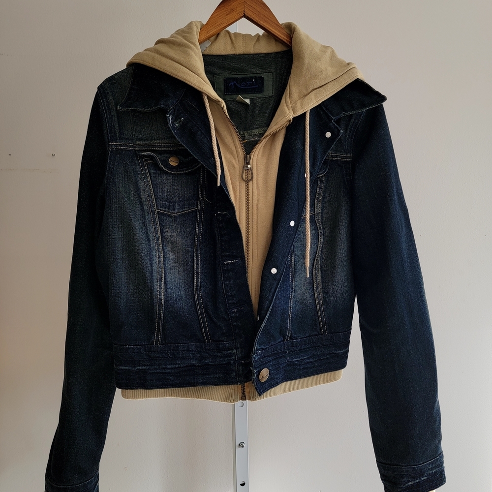 Noni Size 1 Denim Jacket Tan Hoodie Faux Layered Dark Jean Y2K Medium